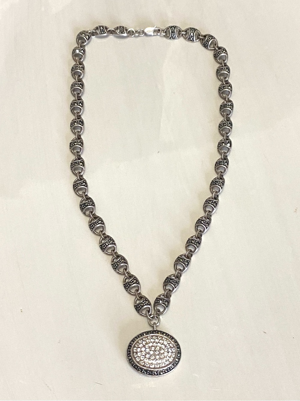 Sterling Silver Thailand Marcasite Pave Pendant Necklace 925